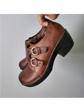 Born | Crosley Brown Leather Heeled Clogs Buckled Ankle Booties Shoes